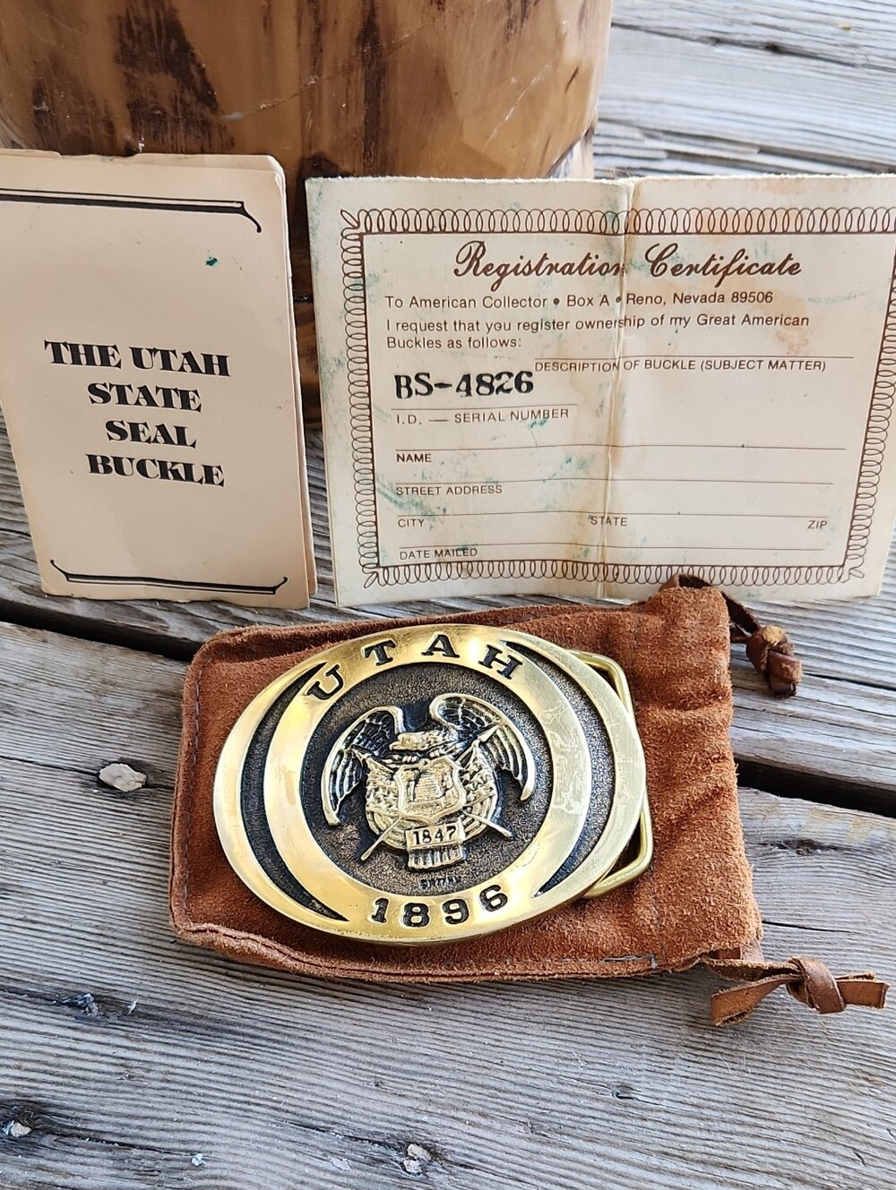 Heritage Mint Utah State Seal 1896 Solid Brass Belt Buckle Suede Pouch Docs